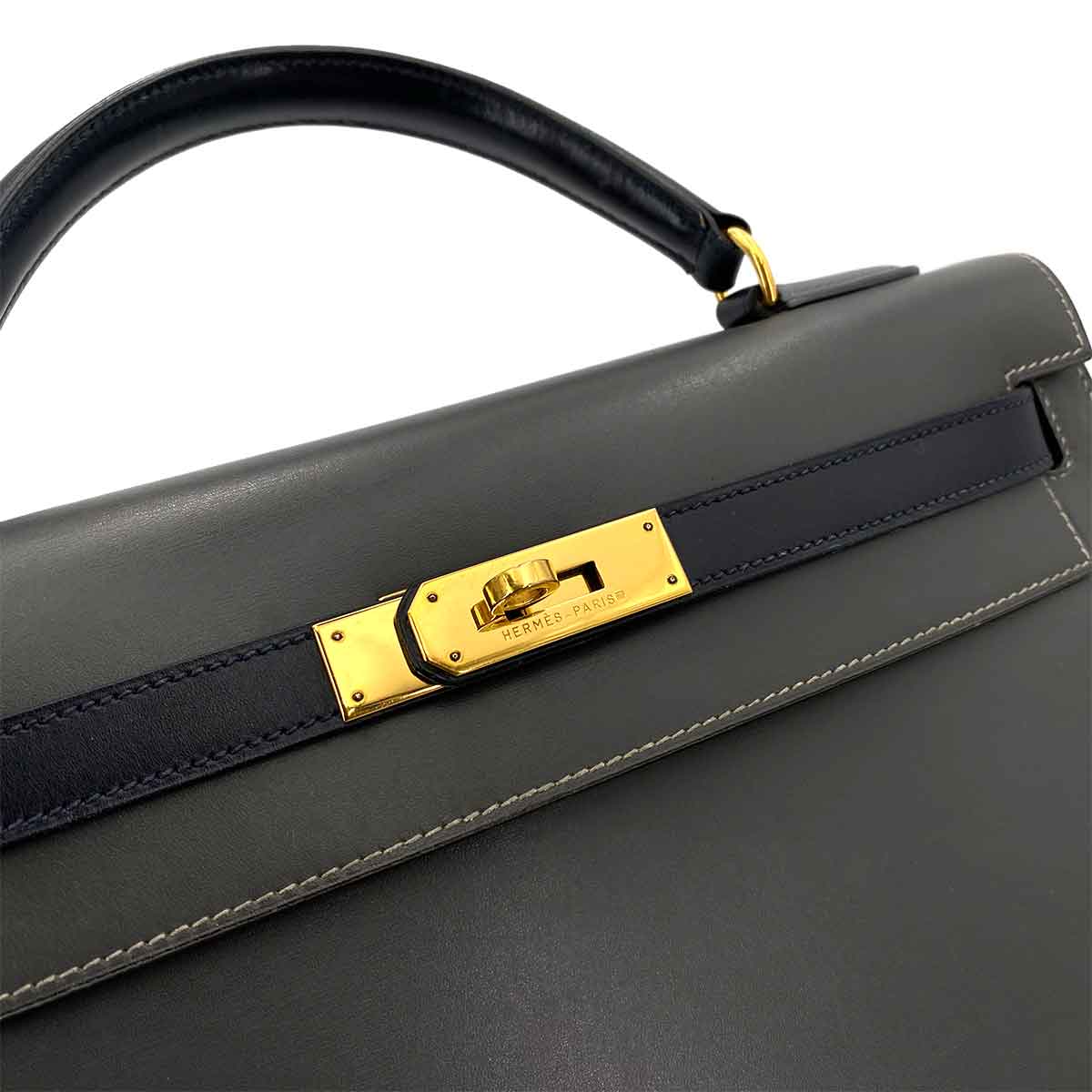HERMES KELLY 32 SELLIER GRAY NAVY BOXCALF HAND BAG 〇W 90243430