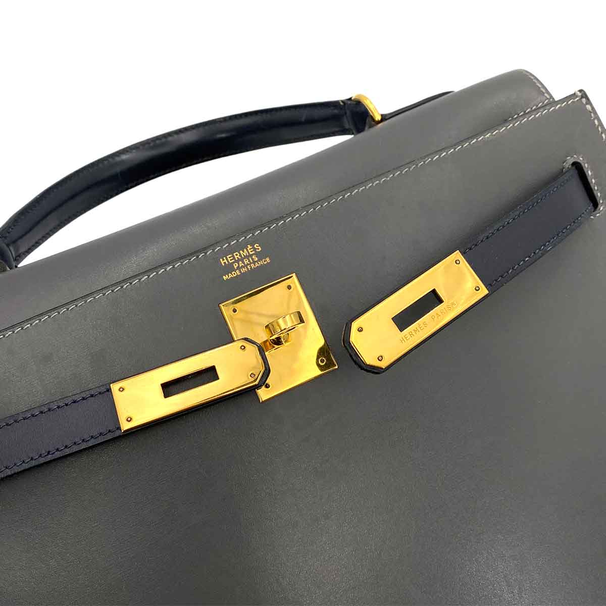 HERMES KELLY 32 SELLIER GRAY NAVY BOXCALF HAND BAG 〇W 90243430