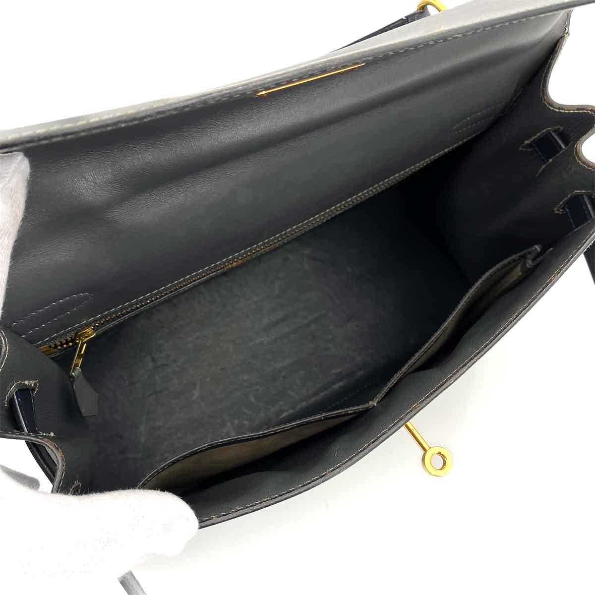 HERMES KELLY 32 SELLIER GRAY NAVY BOXCALF HAND BAG 〇W 90243430