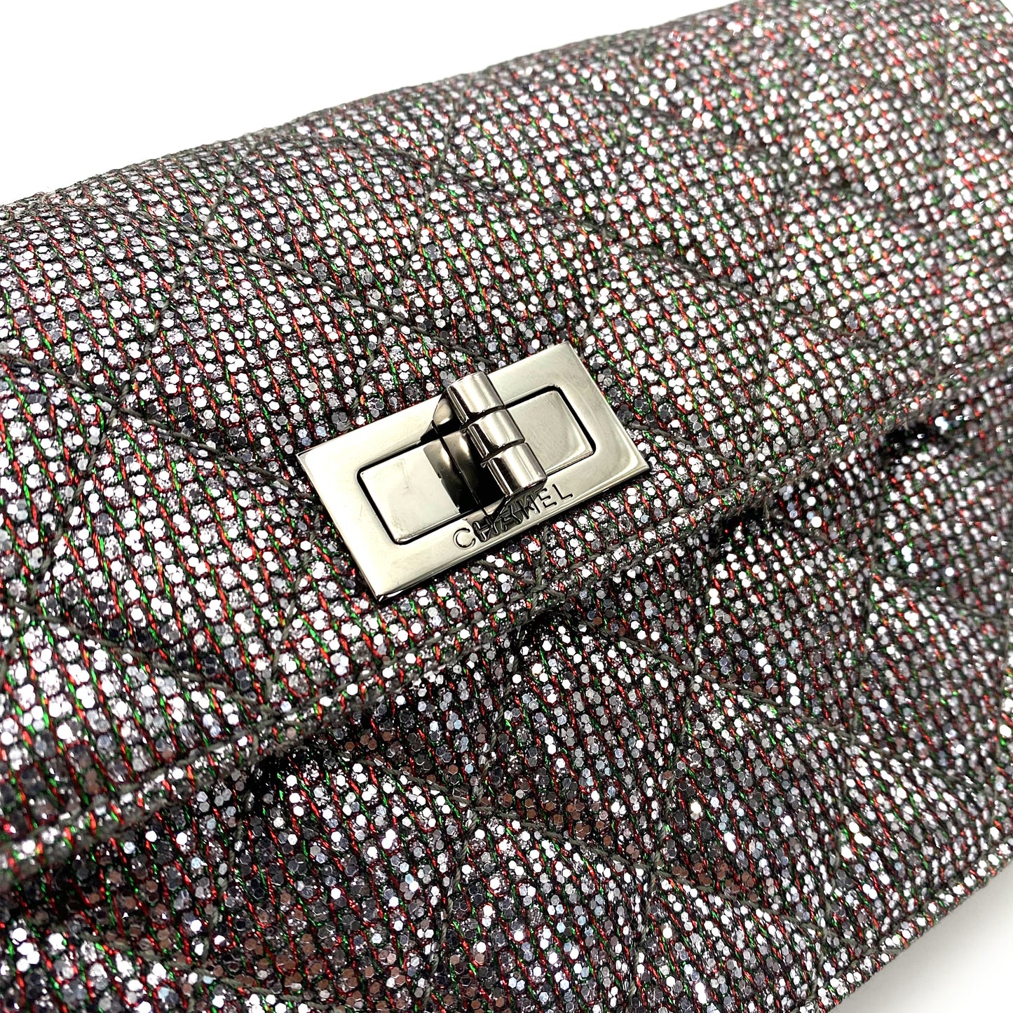 CHANEL 2.55 CHAIN SHOULDER BAG SILVER GLITTER SEQUINS 90243434