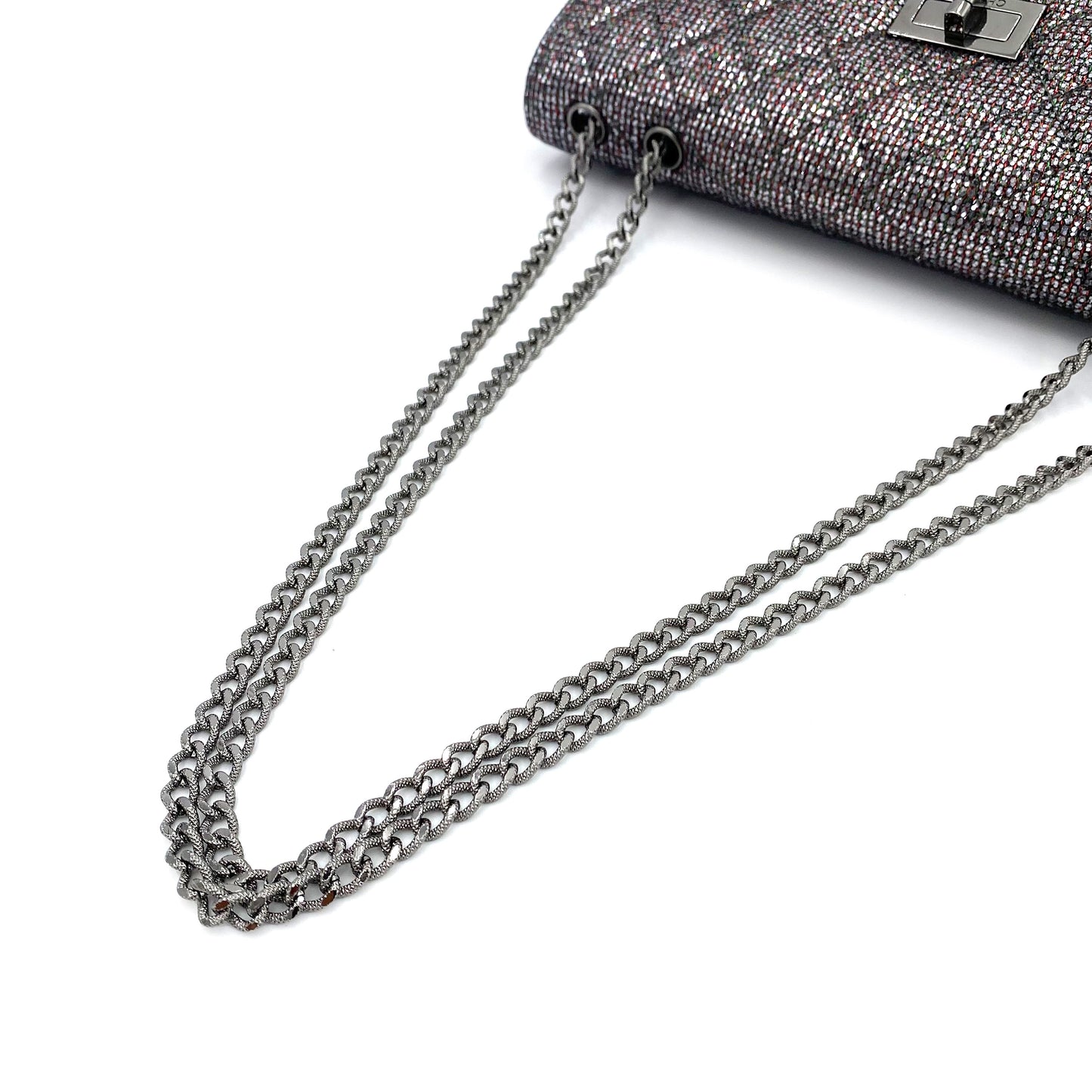 CHANEL 2.55 CHAIN SHOULDER BAG SILVER GLITTER SEQUINS 90243434
