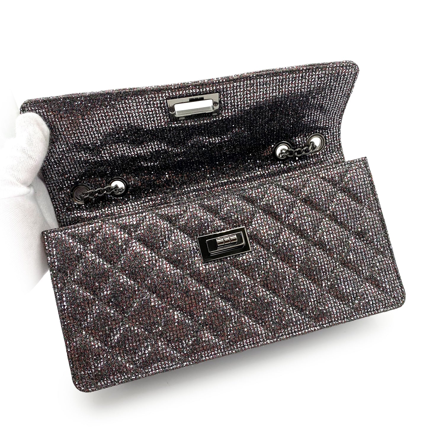 CHANEL 2.55 CHAIN SHOULDER BAG SILVER GLITTER SEQUINS 90243434