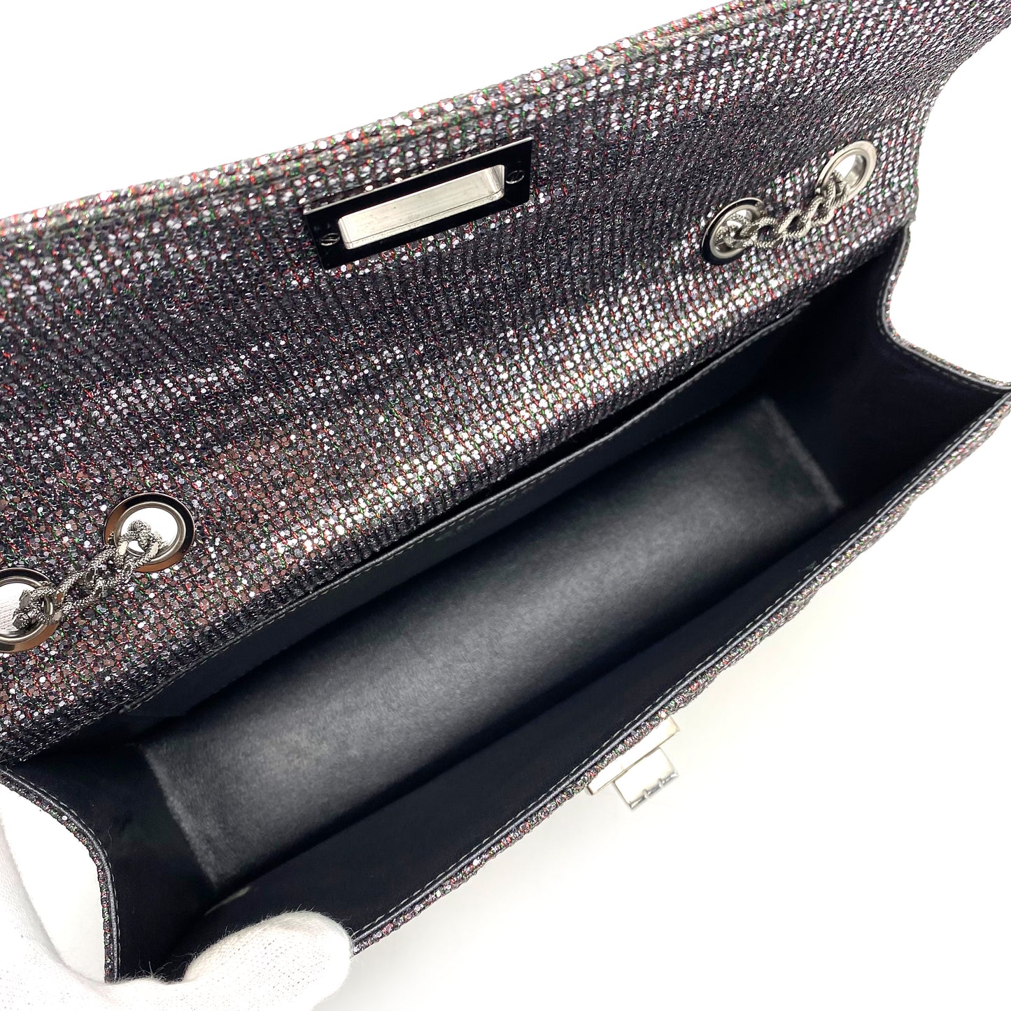 CHANEL 2.55 CHAIN SHOULDER BAG SILVER GLITTER SEQUINS 90243434