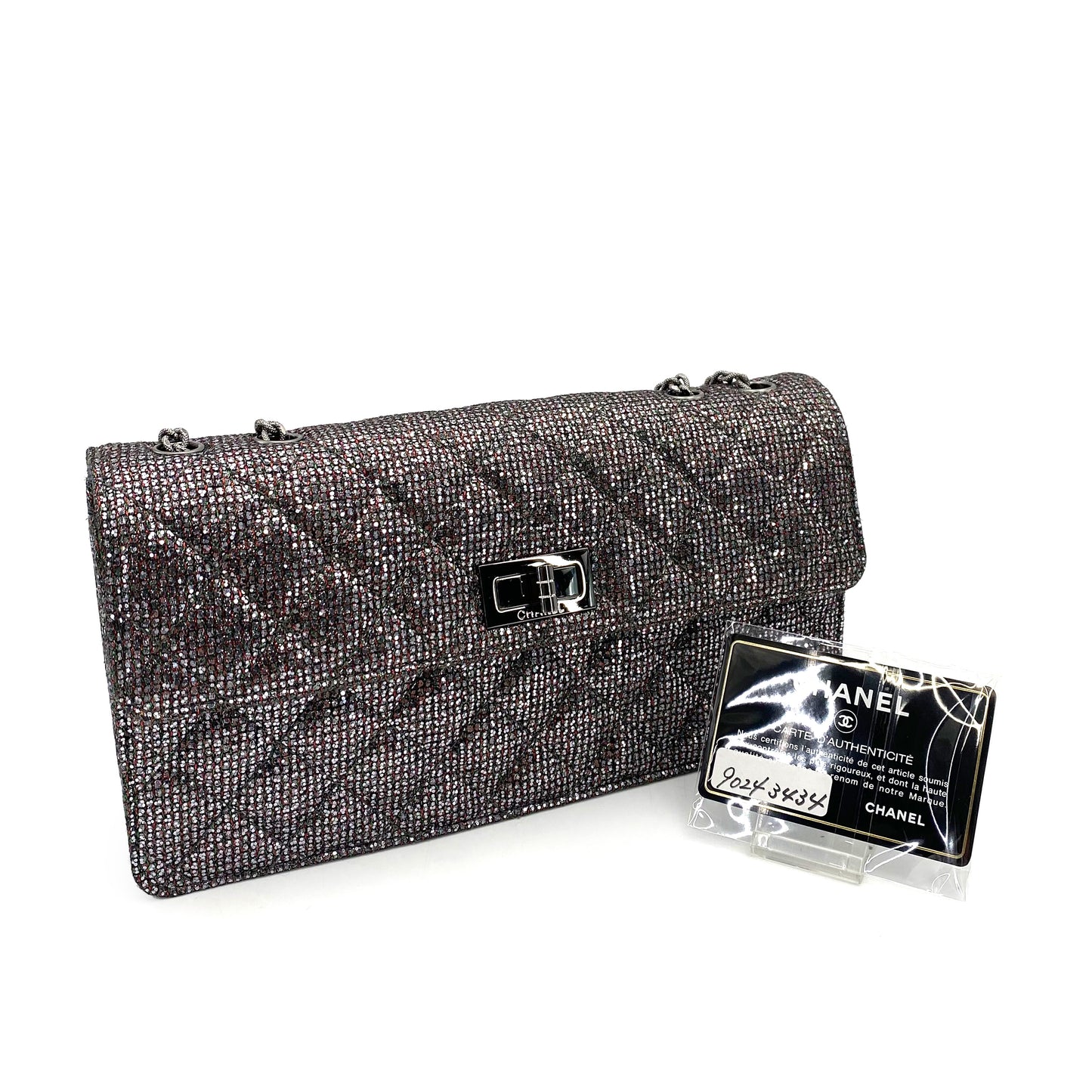 CHANEL 2.55 CHAIN SHOULDER BAG SILVER GLITTER SEQUINS 90243434