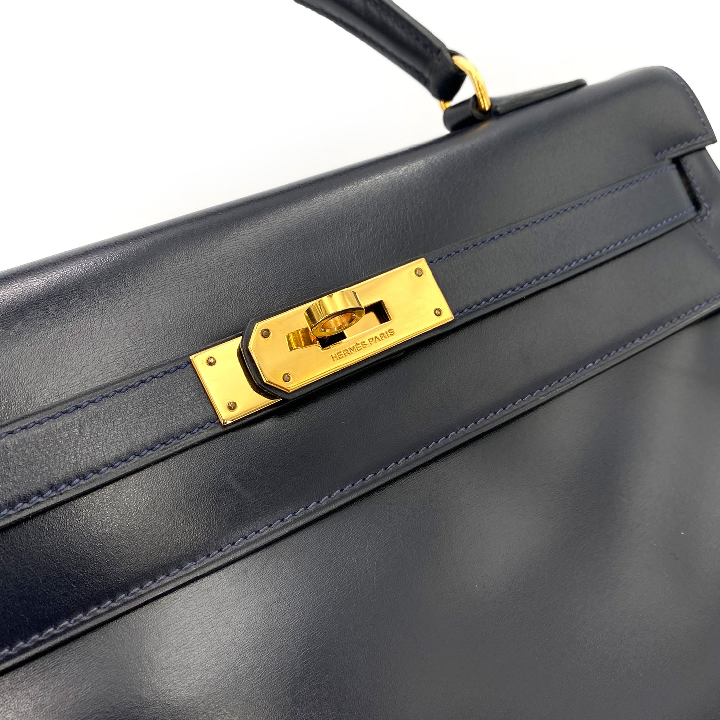 HERMES KELLY 32 RETOURNE NAVY BOXCALF HAND SHOULDER BAG 〇H 90243547