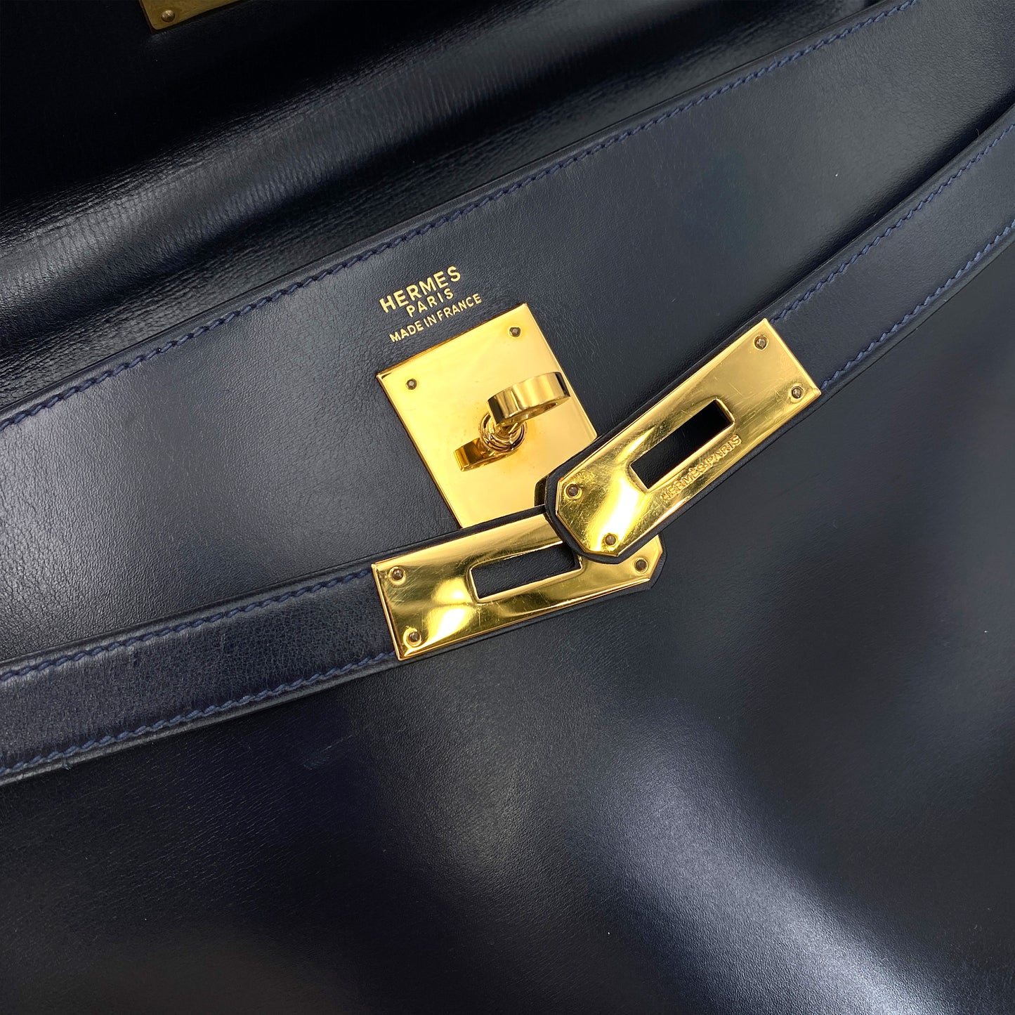HERMES KELLY 32 RETOURNE NAVY BOXCALF HAND SHOULDER BAG 〇H 90243547