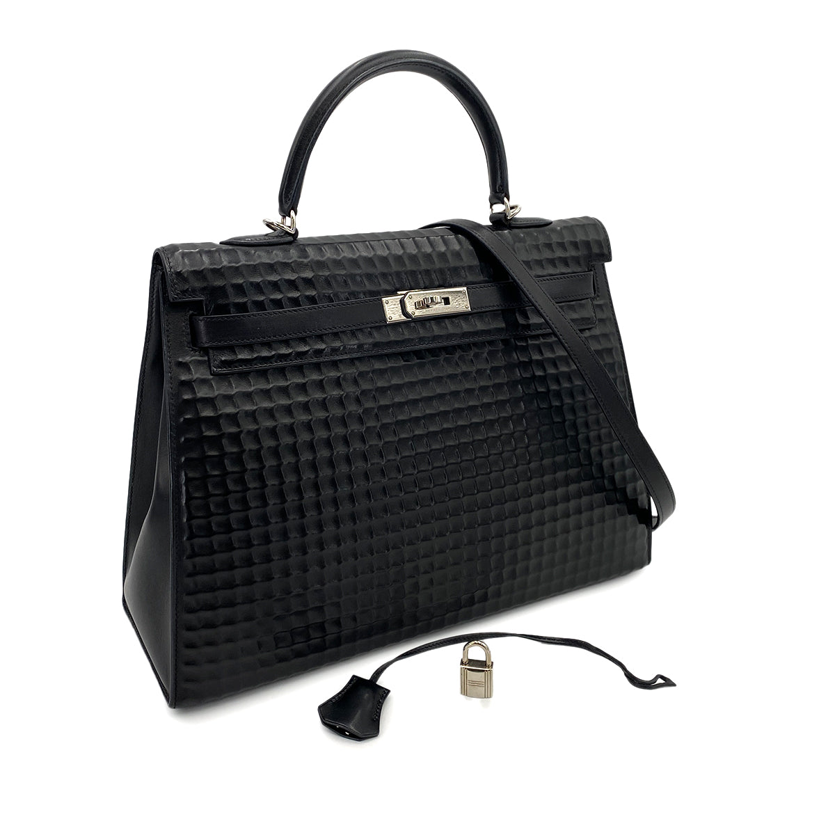 HERMES KELLY 35 WAFFLE BLACK DEUTCH HAND SHOULDER BAG □H 90243550
