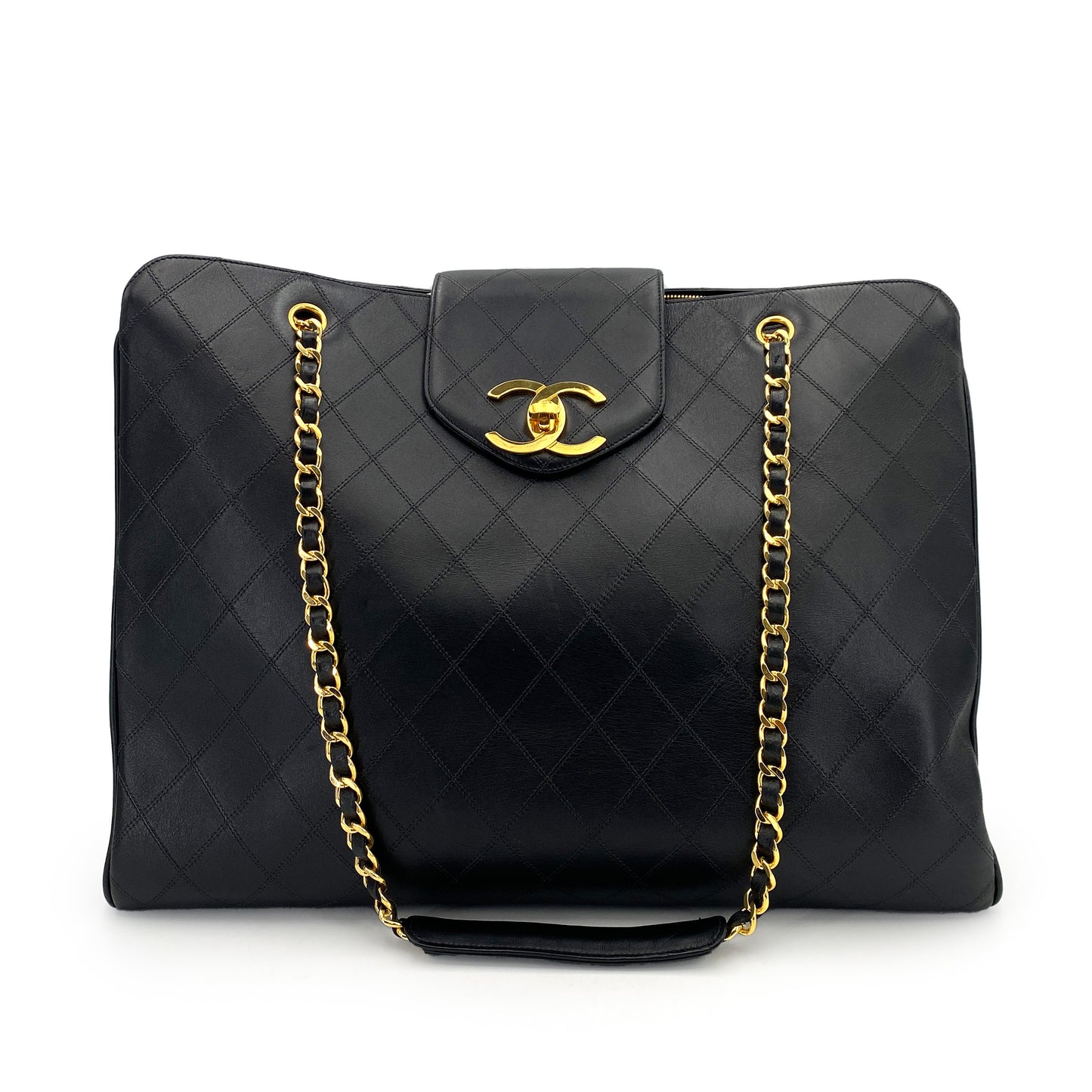 CHANEL VINTAGE SUPER MODEL BICOLORE CHAIN TOTE BAG BLACK LAMB SKIN 90243559