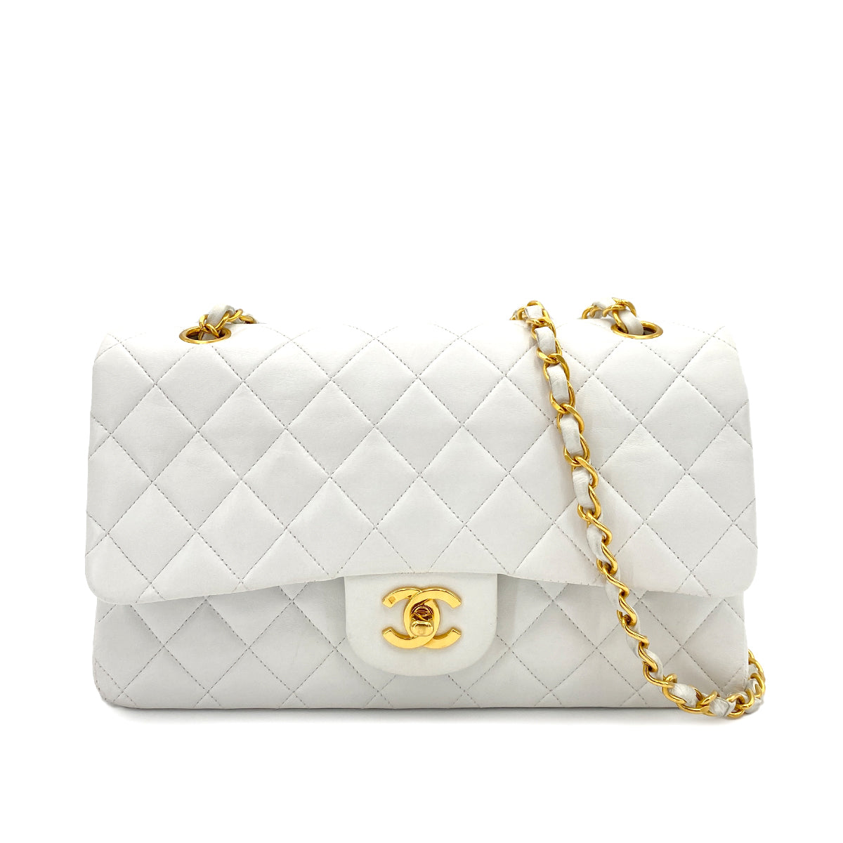 CHANEL VINTAGE CLASSIC FLAP MEDIUM CHAIN SHOULDER BAG WHITE LAMB SKIN 90244080