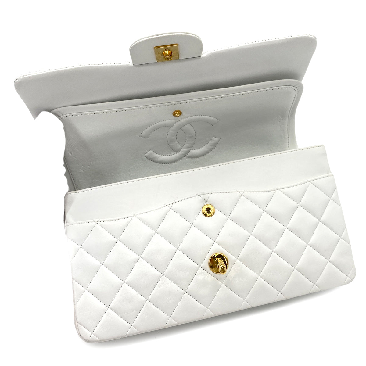 CHANEL VINTAGE CLASSIC FLAP MEDIUM CHAIN SHOULDER BAG WHITE LAMB SKIN 90244080