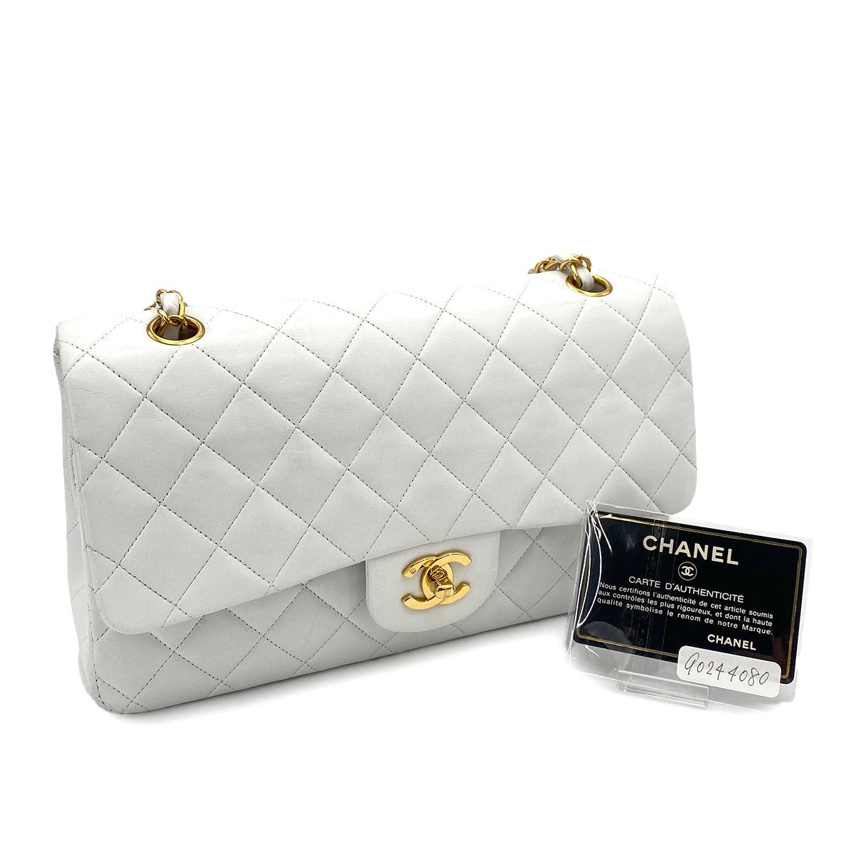 CHANEL VINTAGE CLASSIC FLAP MEDIUM CHAIN SHOULDER BAG WHITE LAMB SKIN 90244080