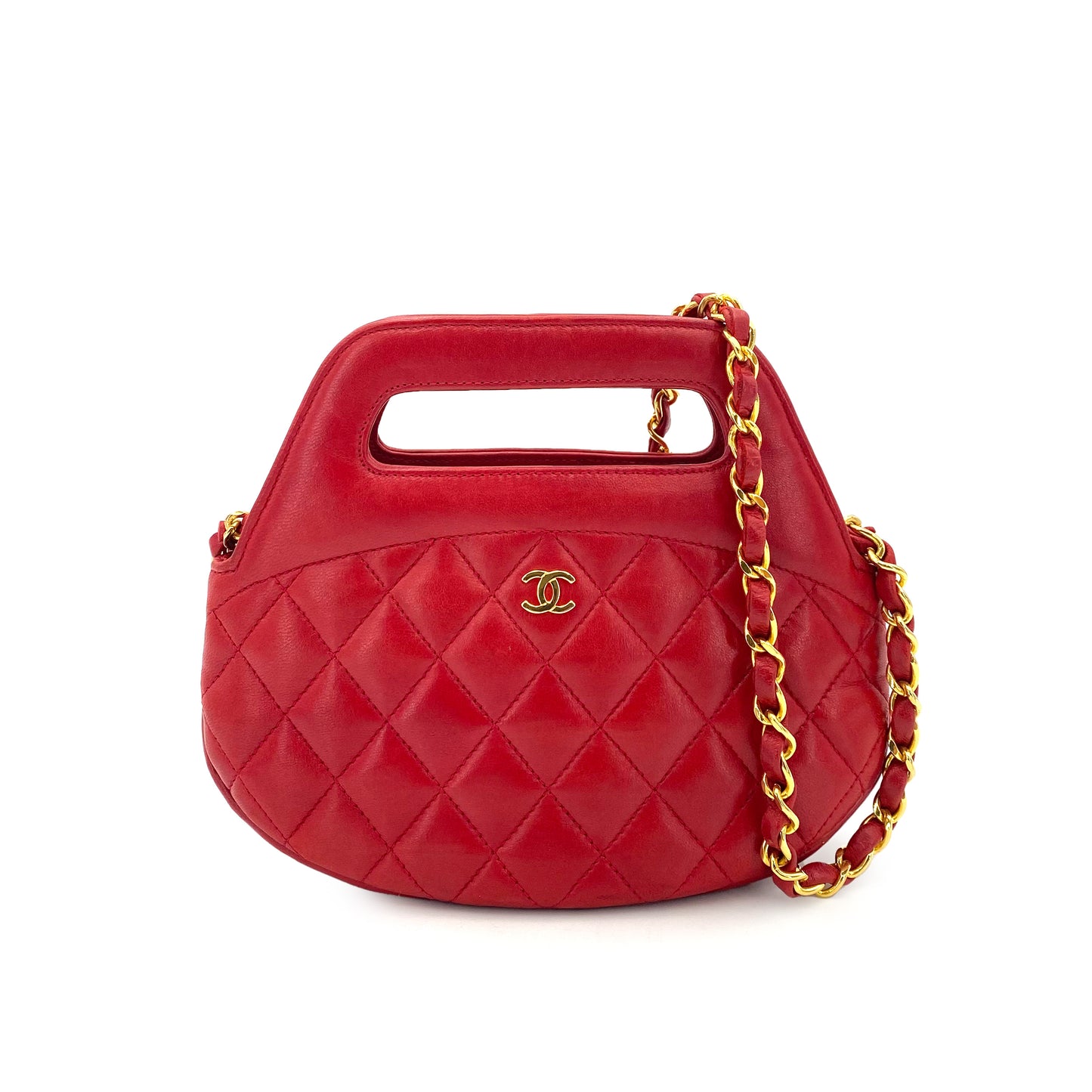 CHANEL VINTAGE MATELASSE 2WAY CHAIN SHOULDER HAND BAG RED LAMB SKIN 90244081
