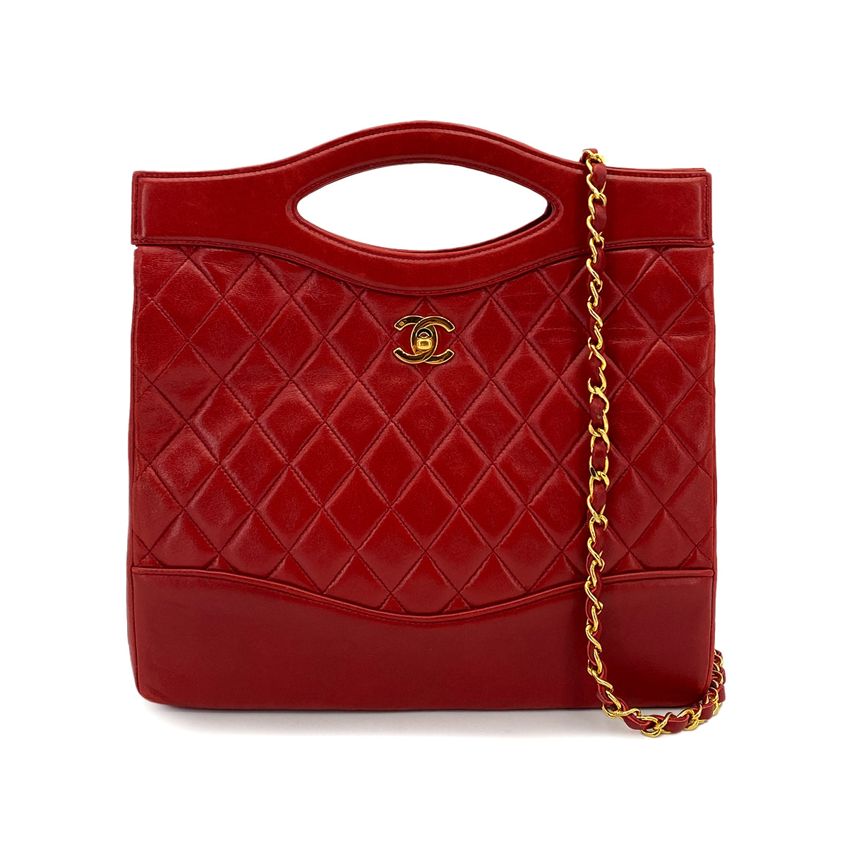 CHANEL VINTAGE MATELASSE HAND SHOULDER BAG RED LAMB SKIN 90244686