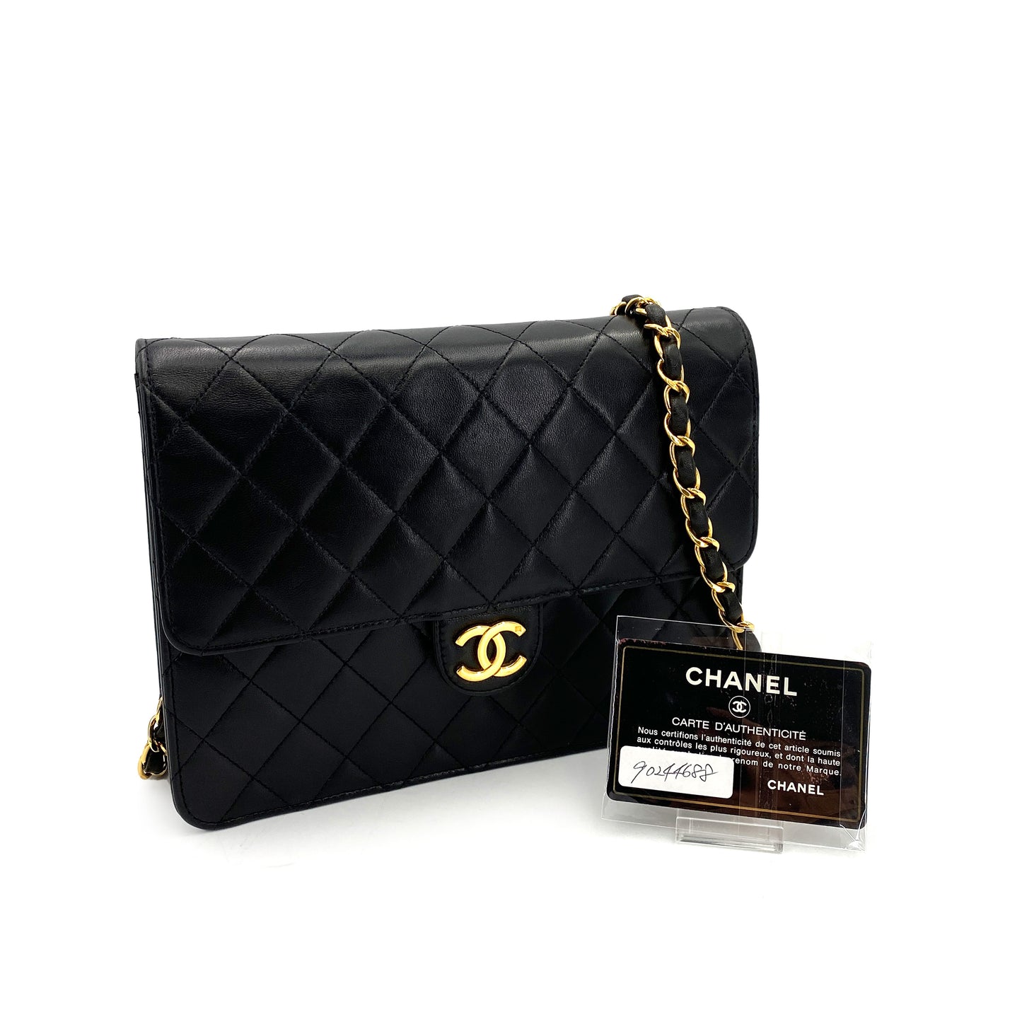 CHANEL VINTAGE MATELASSE PUSH LOCK CHAIN SHOULDER BAG BLACK LAMB SKIN 90244688
