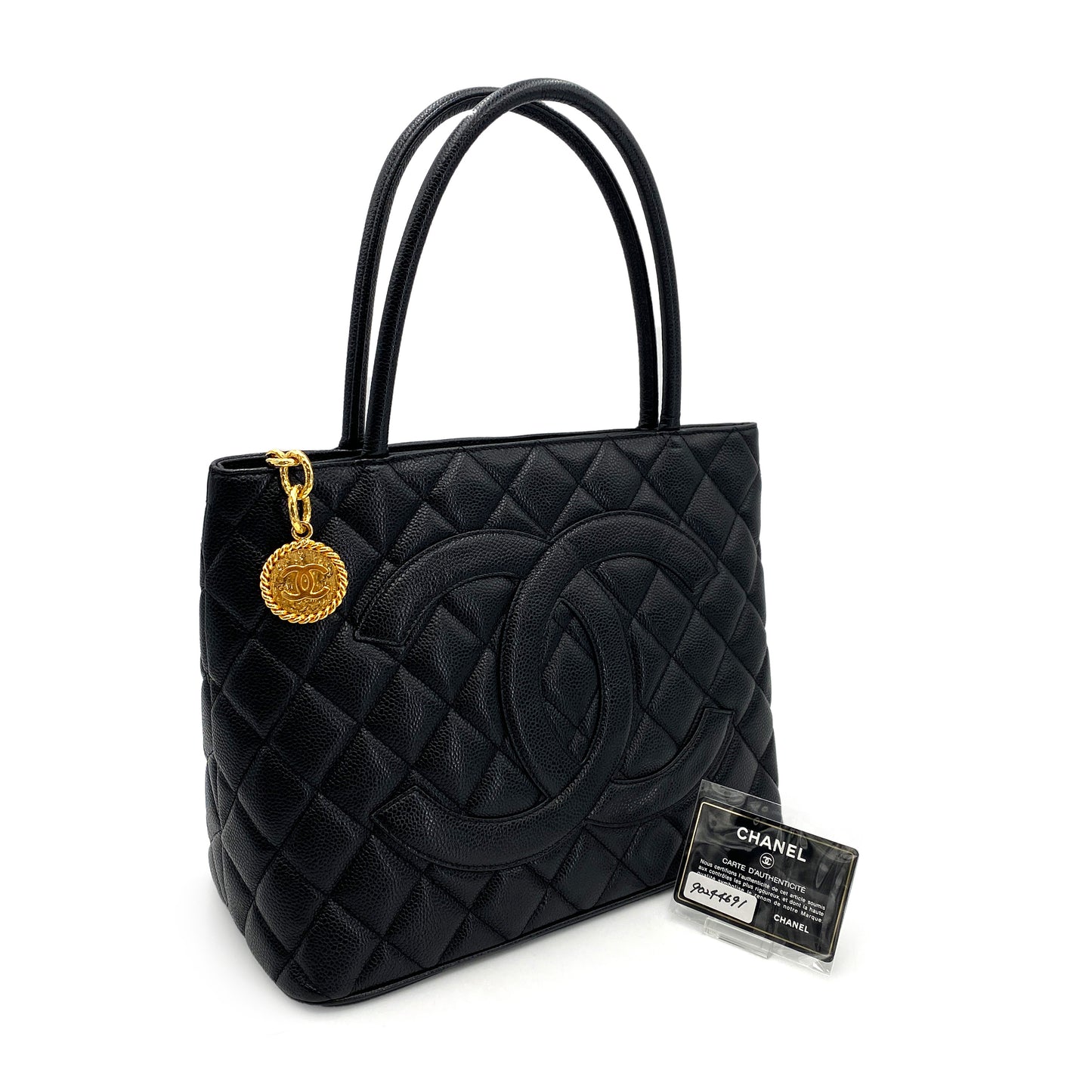 CHANEL VINTAGE MEDALLION TOTE BAG BLACK CAVIAR SKIN 90244691