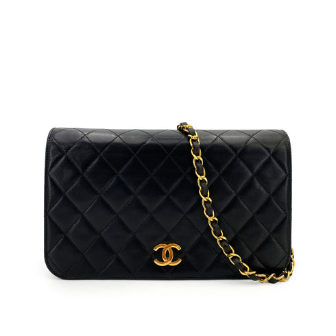 CHANEL VINTAGE FULL FLAP PUSH LOCK CHAIN SHOULDER BAG BLACK LAMB SKIN 90244692