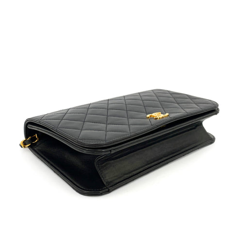 CHANEL VINTAGE FULL FLAP PUSH LOCK CHAIN SHOULDER BAG BLACK LAMB SKIN 90244692