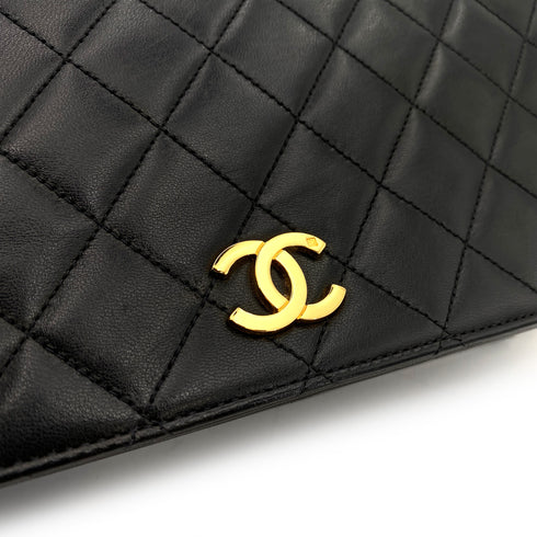 CHANEL VINTAGE FULL FLAP PUSH LOCK CHAIN SHOULDER BAG BLACK LAMB SKIN 90244692