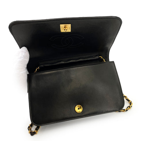 CHANEL VINTAGE FULL FLAP PUSH LOCK CHAIN SHOULDER BAG BLACK LAMB SKIN 90244692