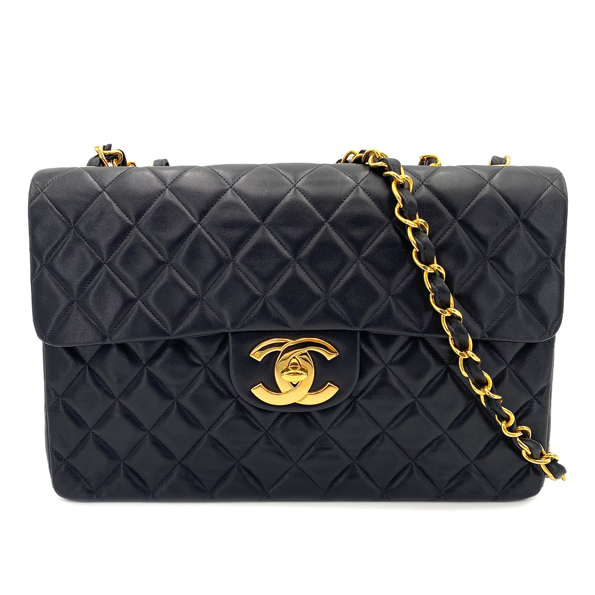 CHANEL VINTAGE MAXI MATELASSE 34 CHAIN SHOULDER BAG BLACK LAMB SKIN 90244698