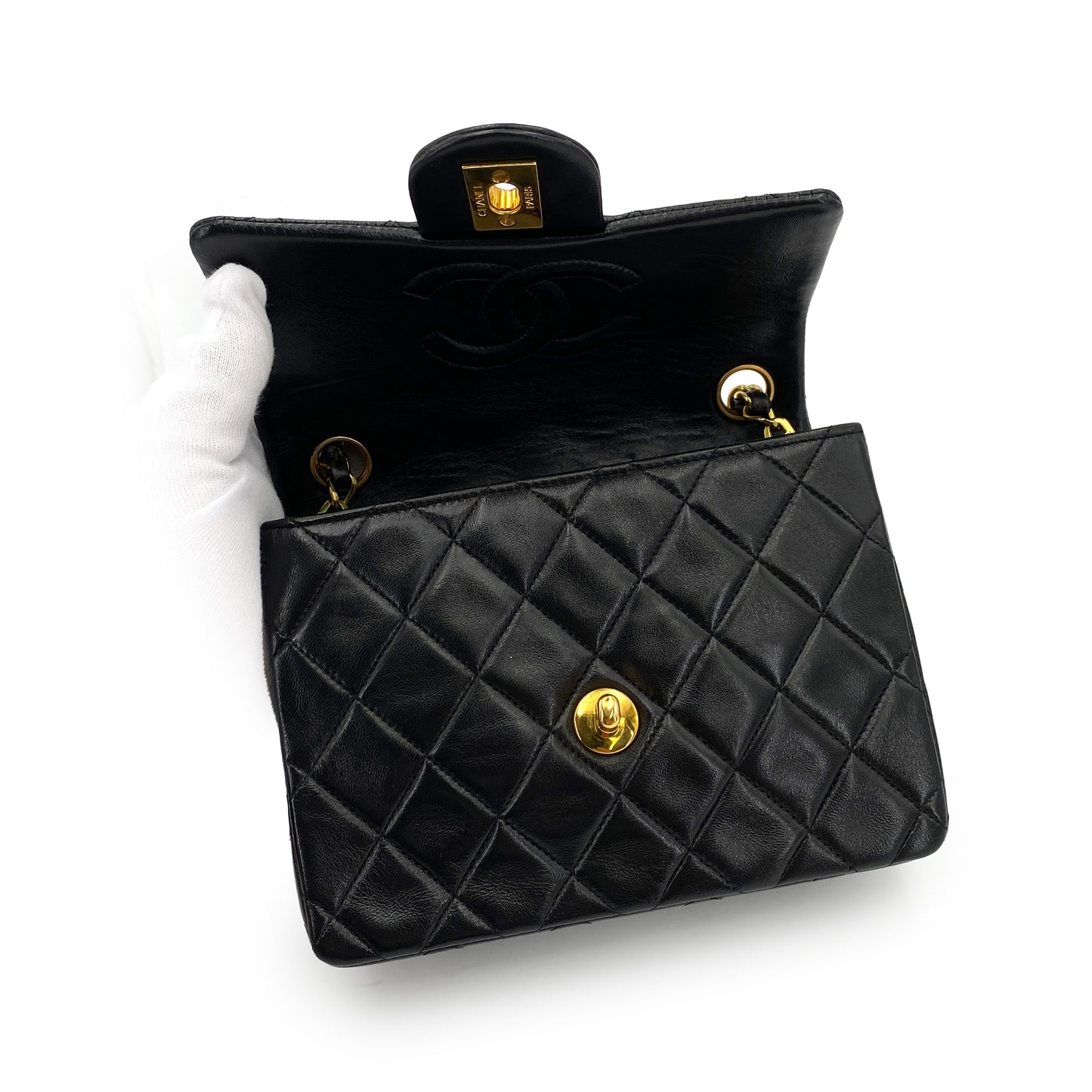 CHANEL VINTAGE MINI SQUARE 17 CHAIN SHOULDER BAG BLACK LAMB SKIN 90244704