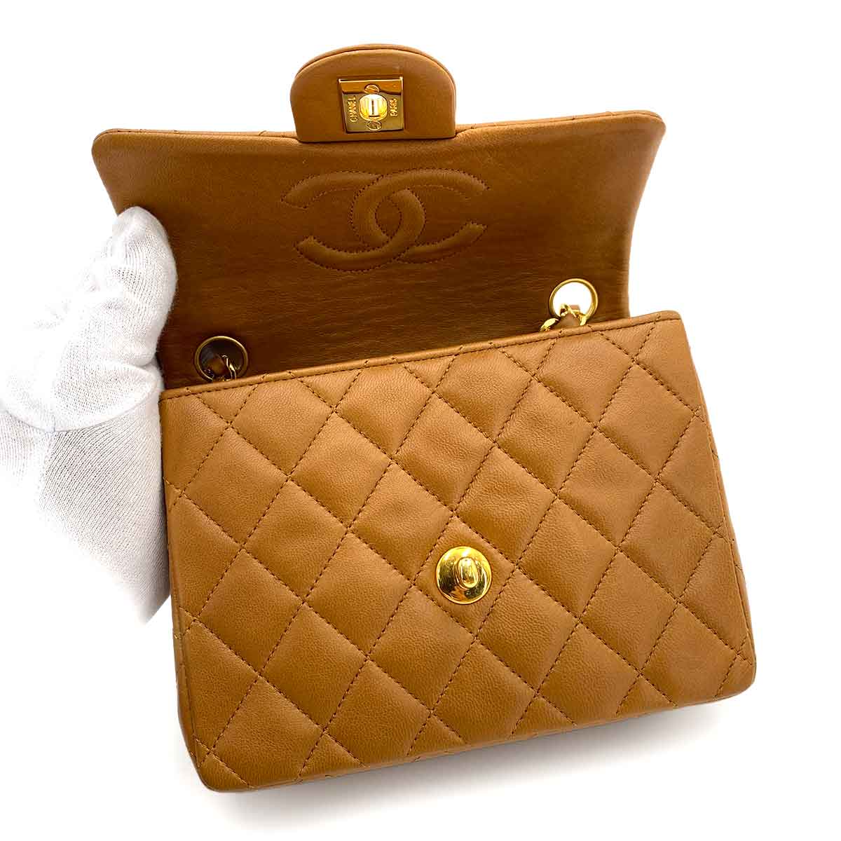 CHANEL VINTAGE MINI SQUARE 17 CHAIN SHOULDER BAG CAMEL LAMB SKIN 90244706