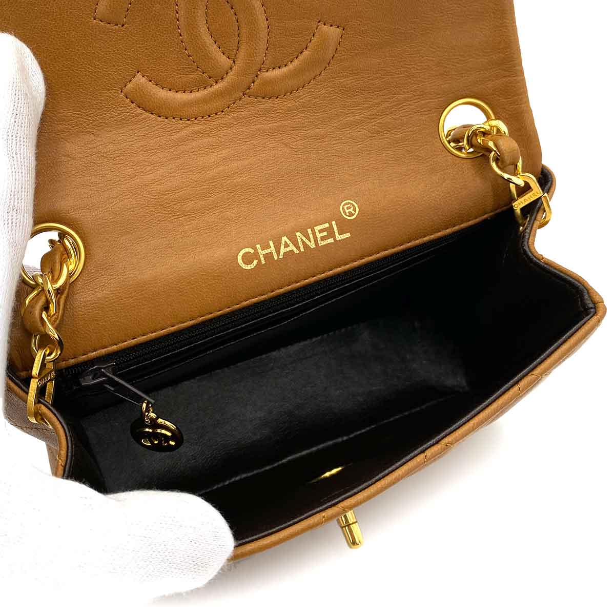 CHANEL VINTAGE MINI SQUARE 17 CHAIN SHOULDER BAG CAMEL LAMB SKIN 90244706