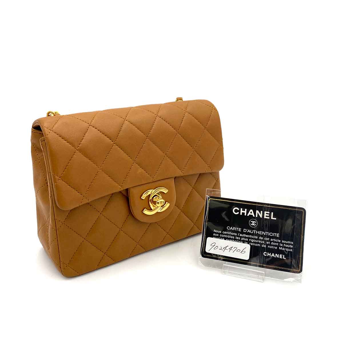 CHANEL VINTAGE MINI SQUARE 17 CHAIN SHOULDER BAG CAMEL LAMB SKIN 90244706