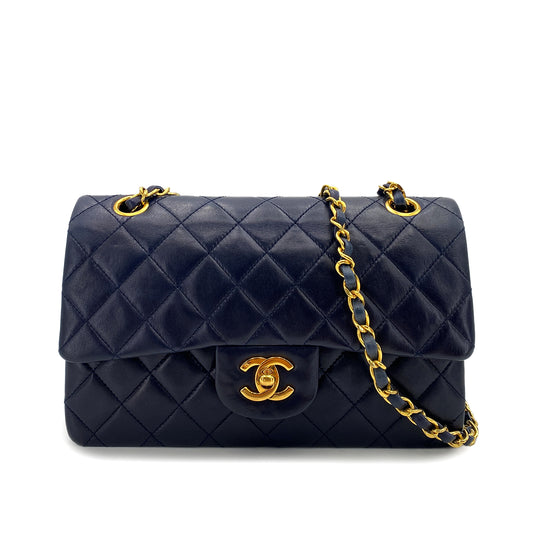 CHANEL VINTAGE CLASSIC FLAP SMALL CHAIN SHOULDER BAG NAVY LAMB SKIN 90244707