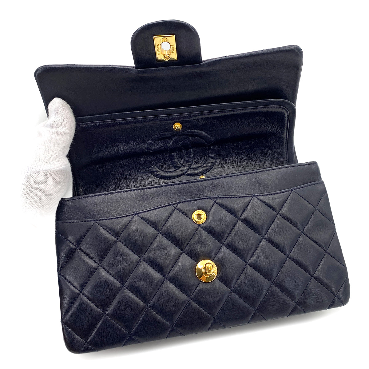 CHANEL VINTAGE CLASSIC FLAP SMALL CHAIN SHOULDER BAG NAVY LAMB SKIN 90244707