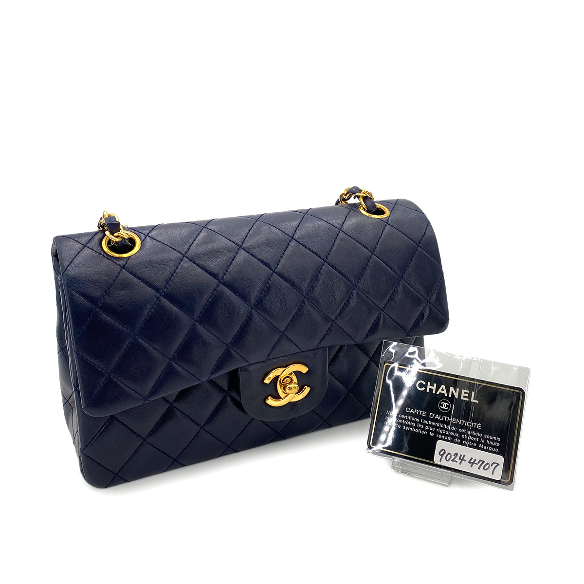 CHANEL VINTAGE CLASSIC FLAP SMALL CHAIN SHOULDER BAG NAVY LAMB SKIN 90244707