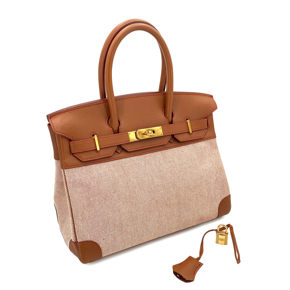 HERMES BIRKIN 30 GOLD COUCHEVEL TOILE HAND BAG □C 90244733