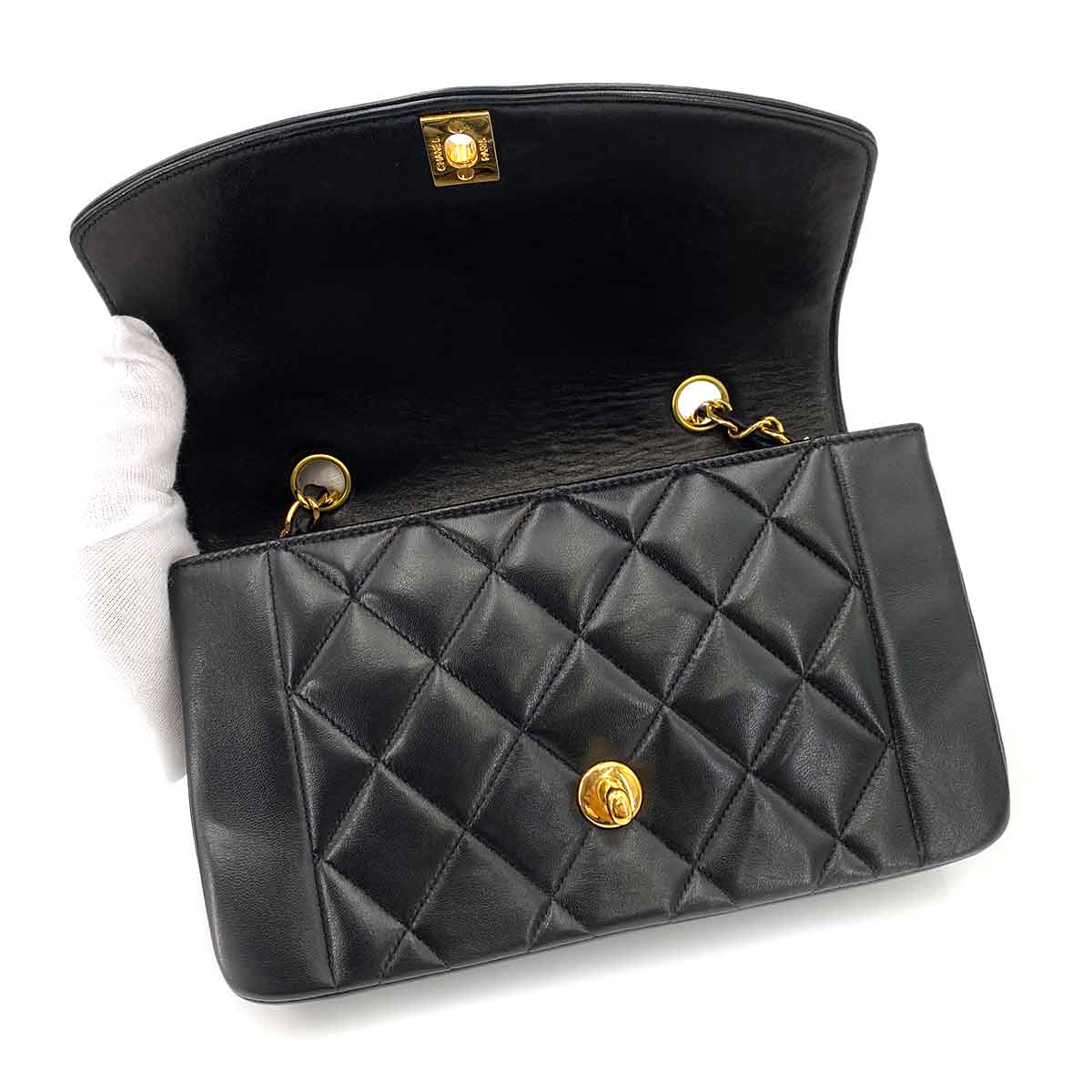 CHANEL VINTAGE DIANA SMALL CHAIN SHOULDER BAG BLACK LAMB SKIN 90244736