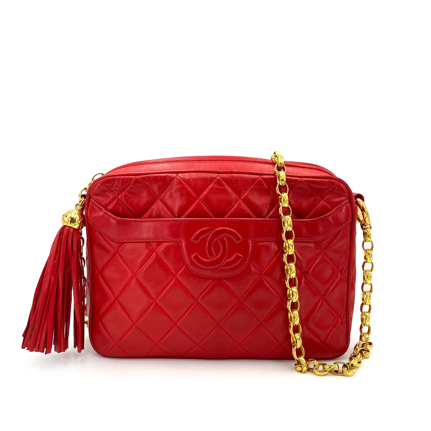 CHANEL VINTAGE FRINGE BIJOU CHAIN SHOULDER BAG RED LAMB SKIN 90244740