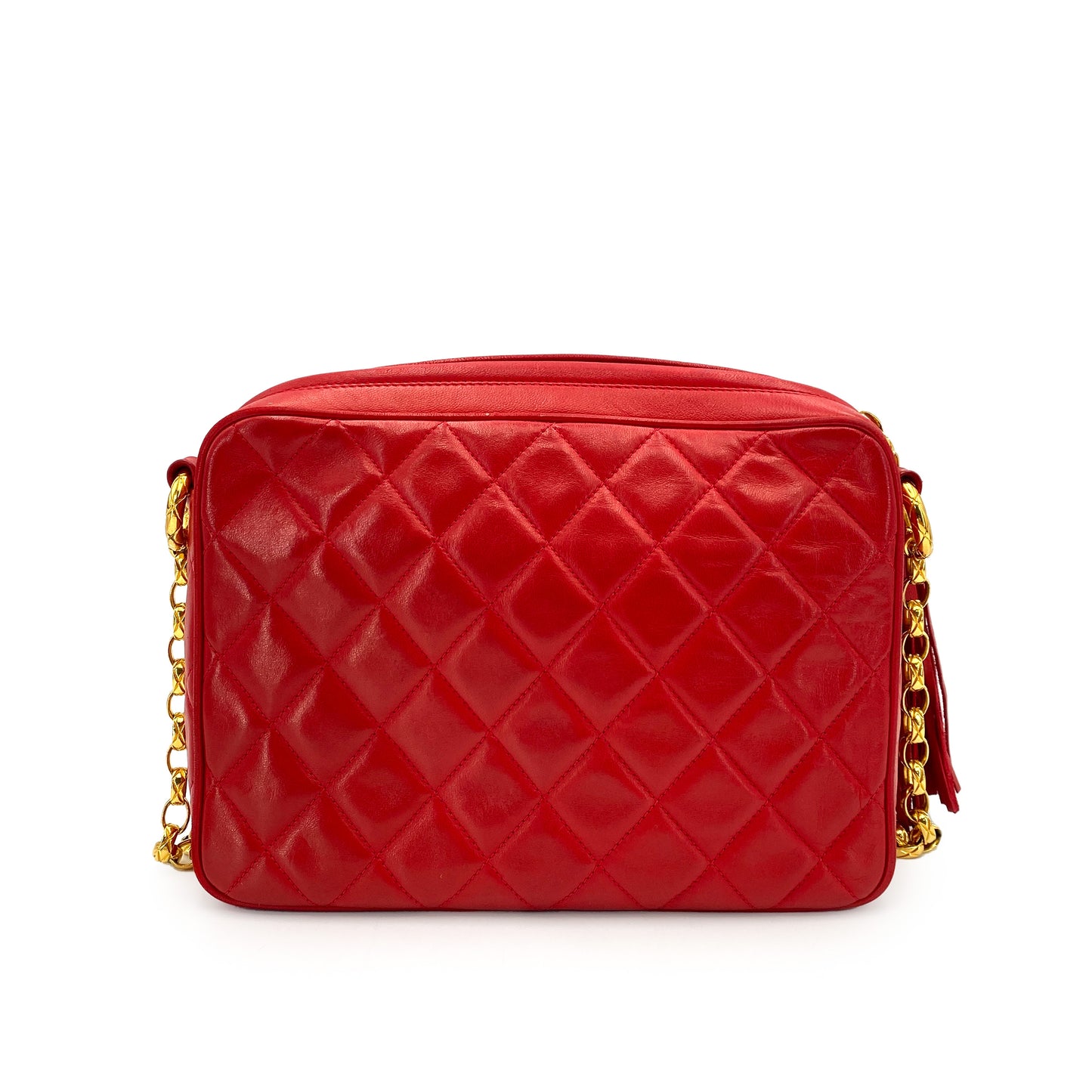 CHANEL VINTAGE FRINGE BIJOU CHAIN SHOULDER BAG RED LAMB SKIN 90244740