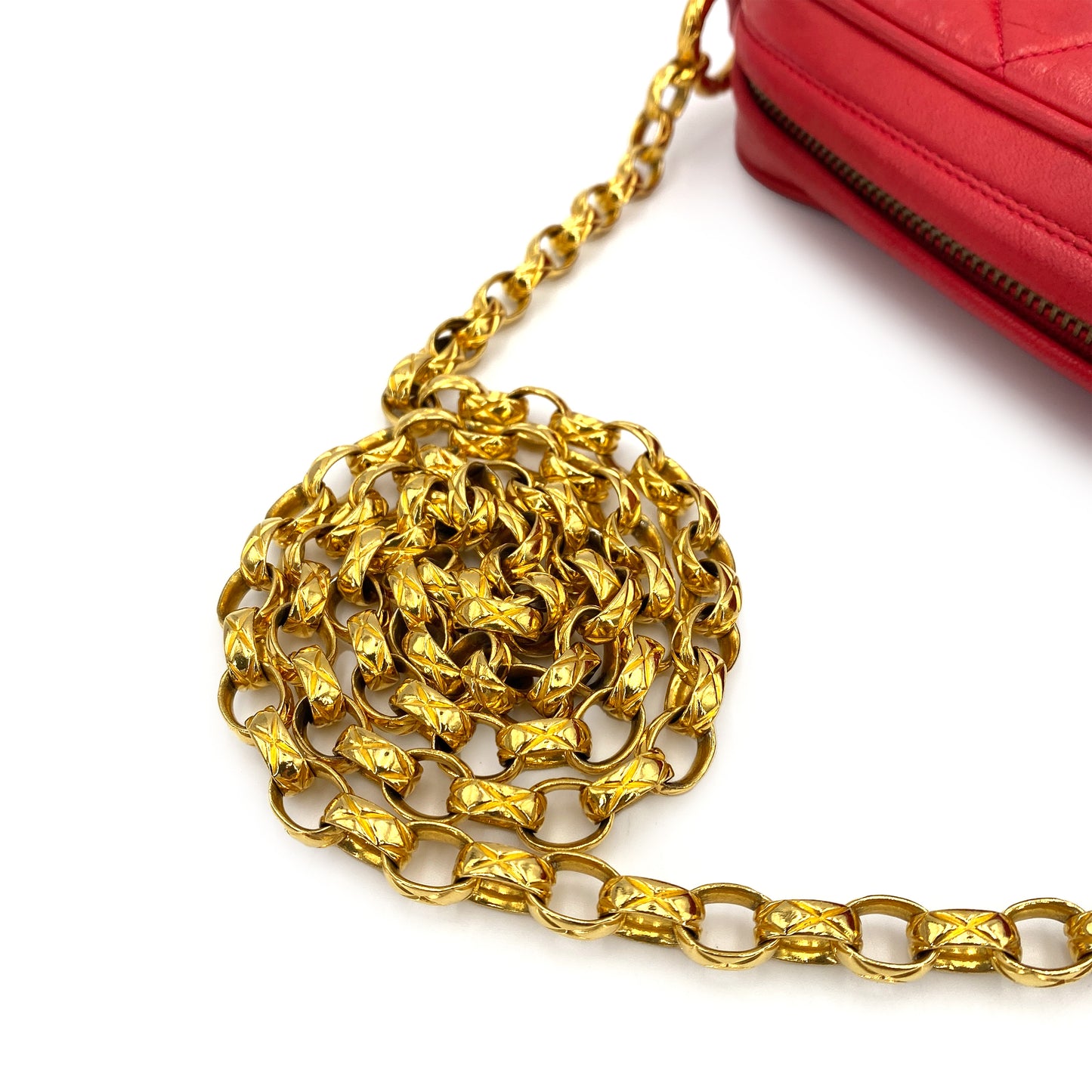 CHANEL VINTAGE FRINGE BIJOU CHAIN SHOULDER BAG RED LAMB SKIN 90244740