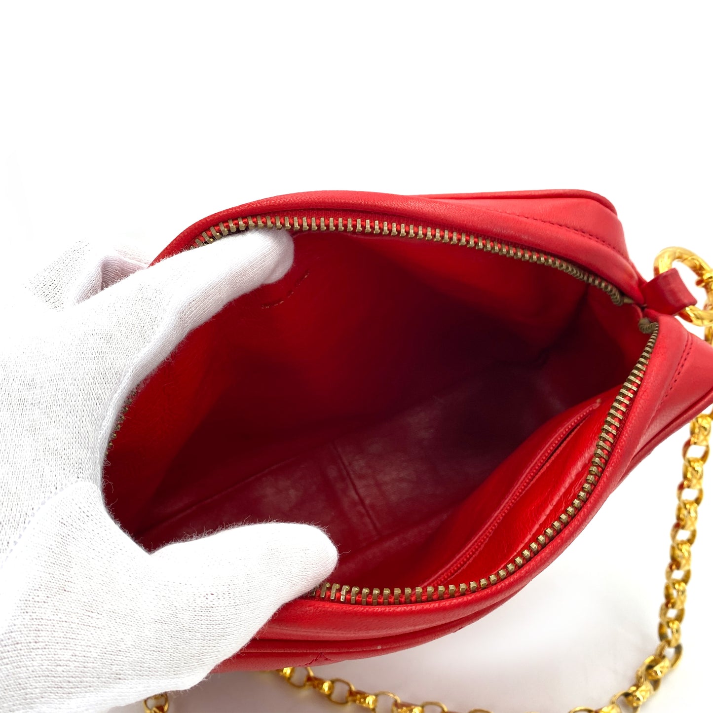 CHANEL VINTAGE FRINGE BIJOU CHAIN SHOULDER BAG RED LAMB SKIN 90244740