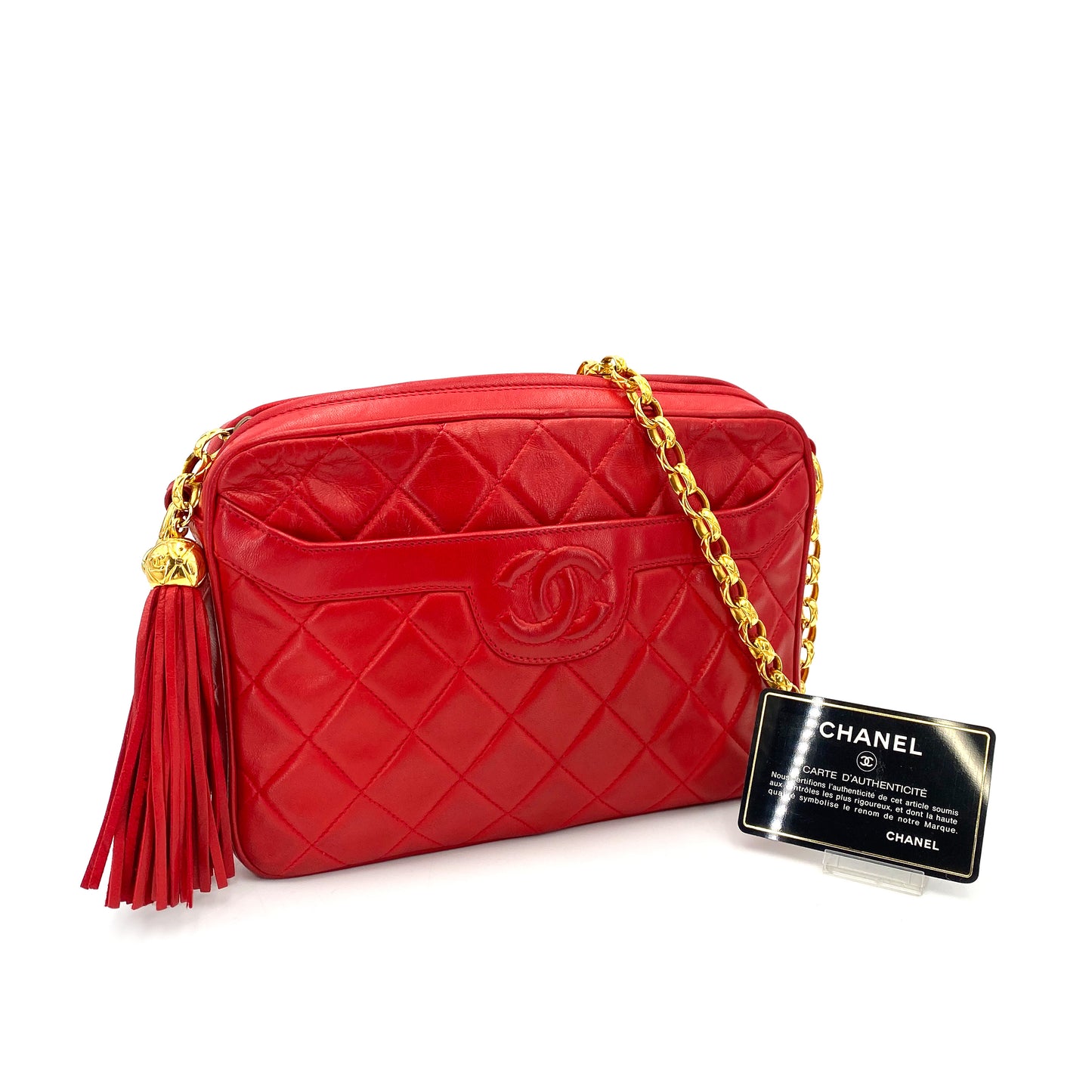 CHANEL VINTAGE FRINGE BIJOU CHAIN SHOULDER BAG RED LAMB SKIN 90244740