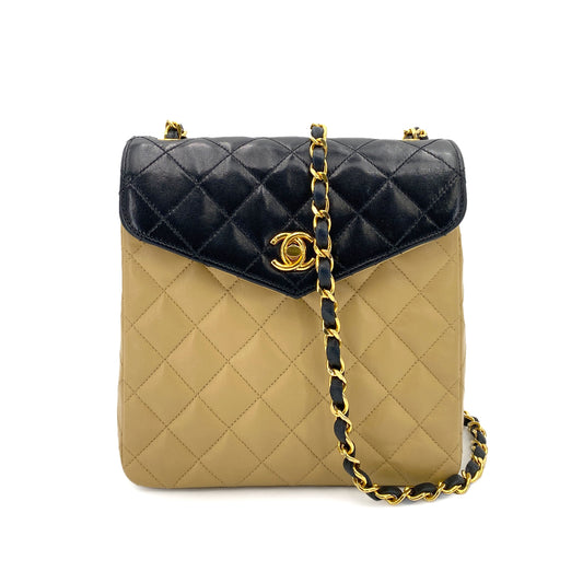 CHANEL VINTAGE MATELASSE CHAIN SHOULDER BAG BYCOLOR BEIGE BLACK LAMB SKIN 90244742
