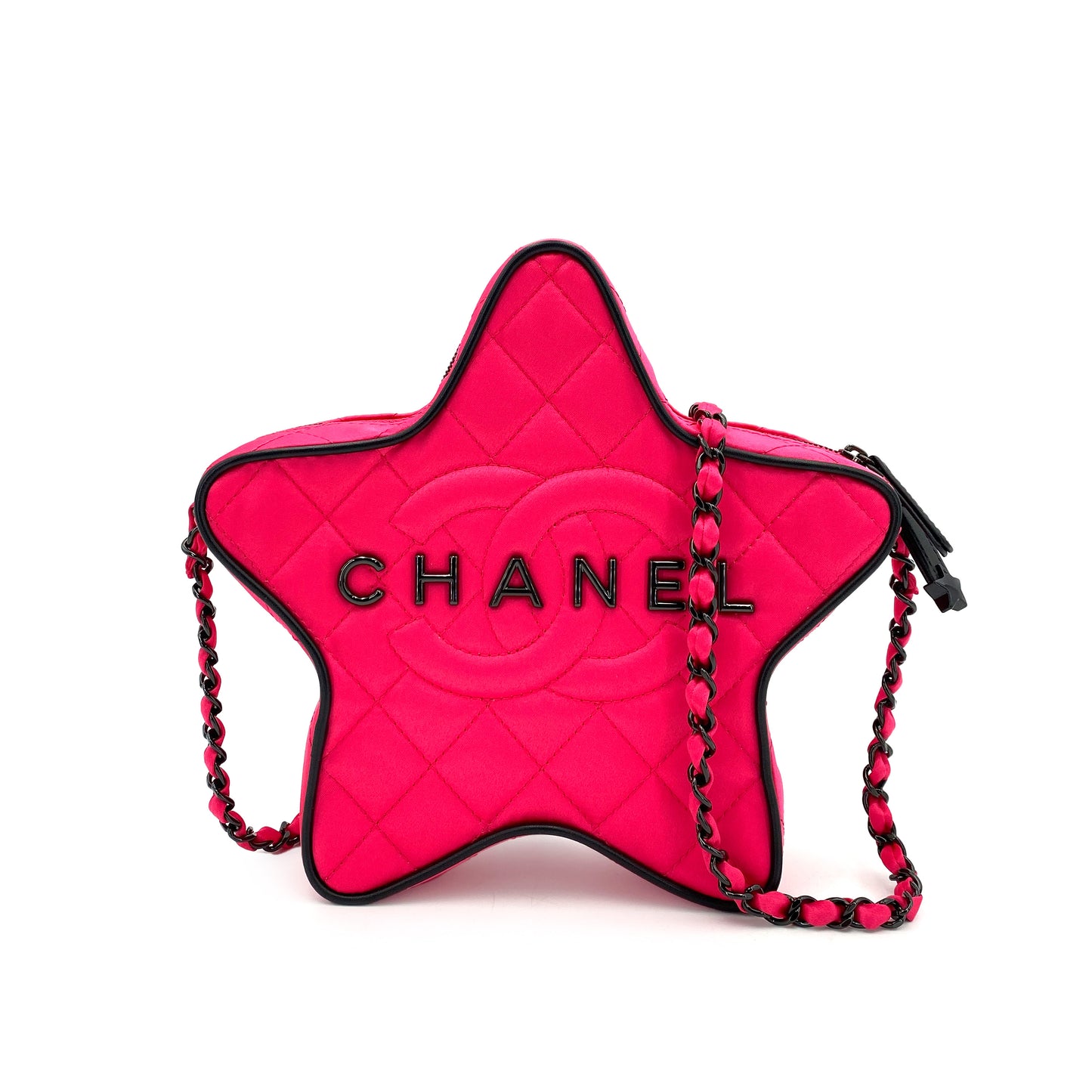 CHANEL STAR MOTIF CHAIN SHOULDER BAG PINK BLACK SATIN 90244745