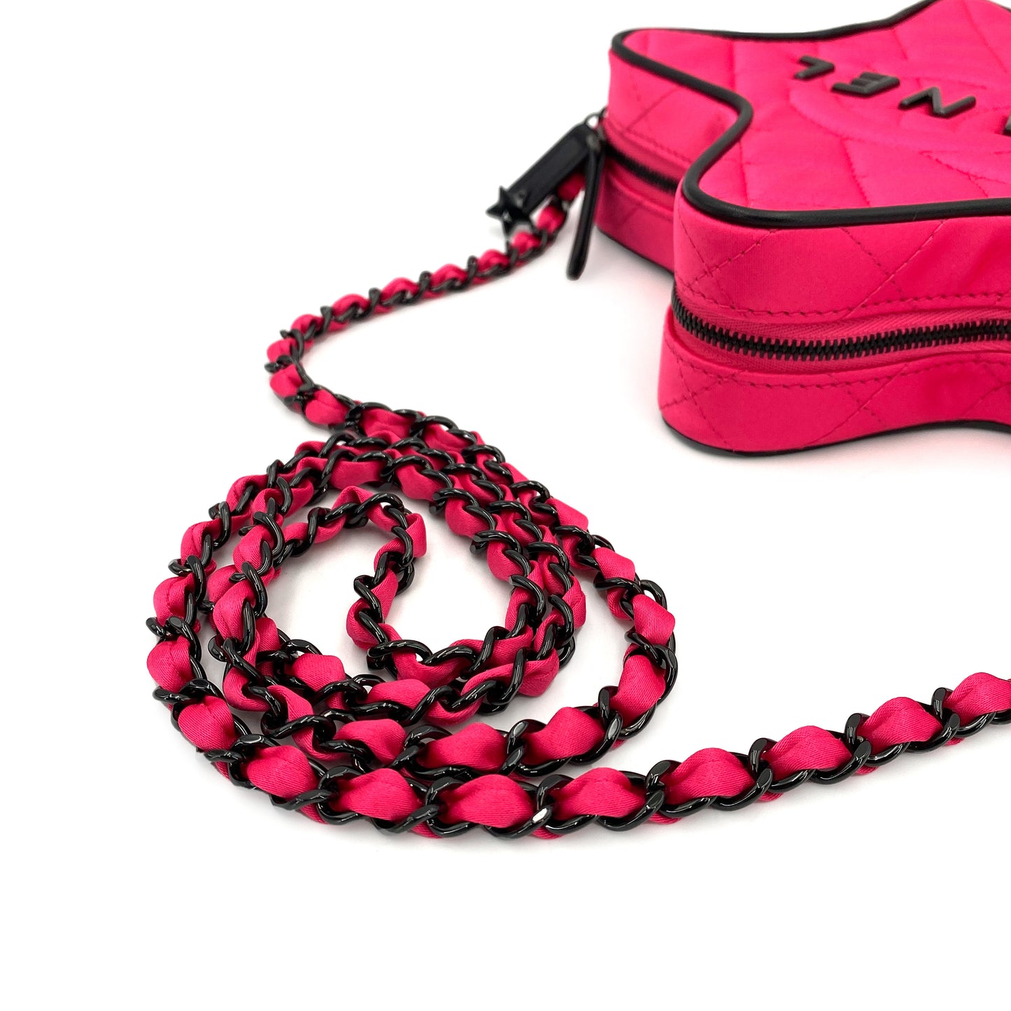 CHANEL STAR MOTIF CHAIN SHOULDER BAG PINK BLACK SATIN 90244745