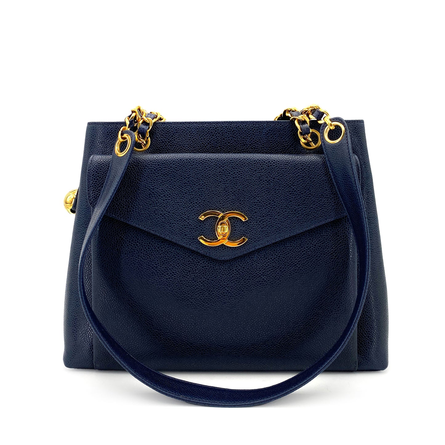 CHANEL VINTAGE CHAIN TOTE BAG NAVY CAVIAR SKIN 90244748