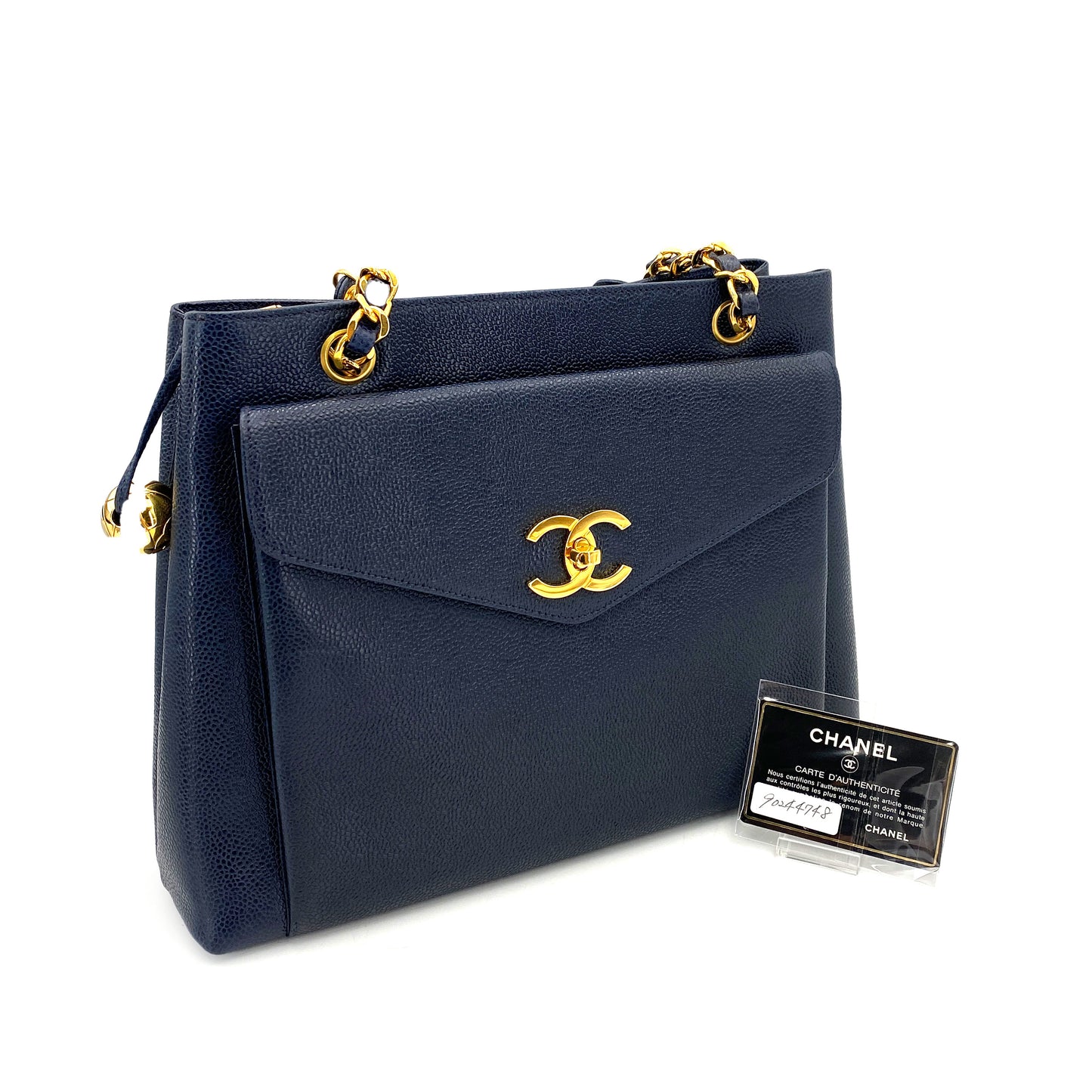 CHANEL VINTAGE CHAIN TOTE BAG NAVY CAVIAR SKIN 90244748