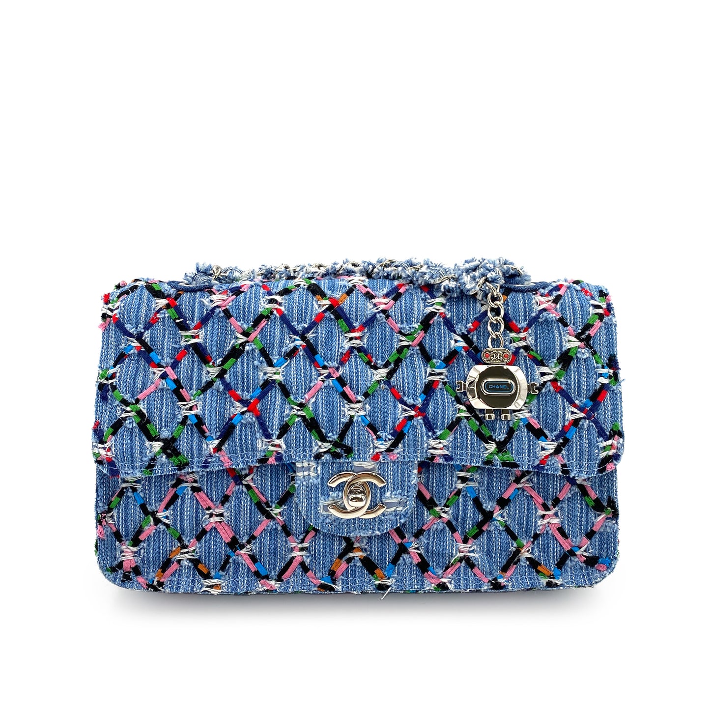 CHANEL DOUBLE CHAIN SHOULDER BAG MULTICOLOR DENIM 90244752