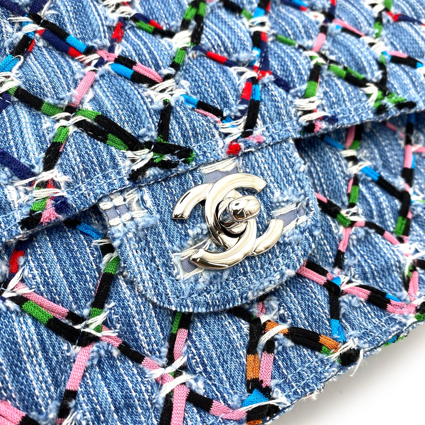 CHANEL DOUBLE CHAIN SHOULDER BAG MULTICOLOR DENIM 90244752