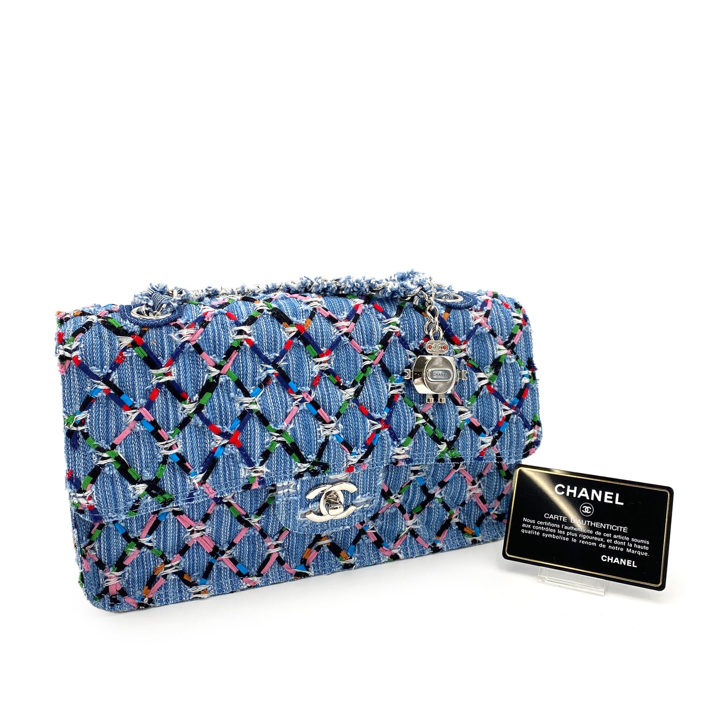 CHANEL DOUBLE CHAIN SHOULDER BAG MULTICOLOR DENIM 90244752
