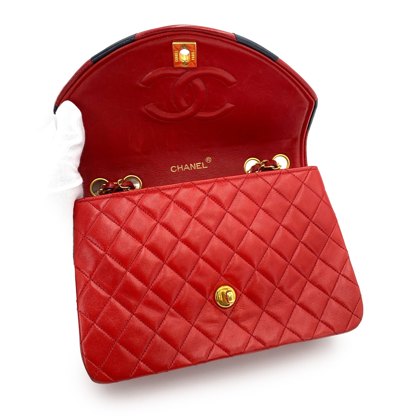 CHANEL VINTAGE HALF MOON CHAIN SHOULDER BAG RED LAMB SKIN 90244754