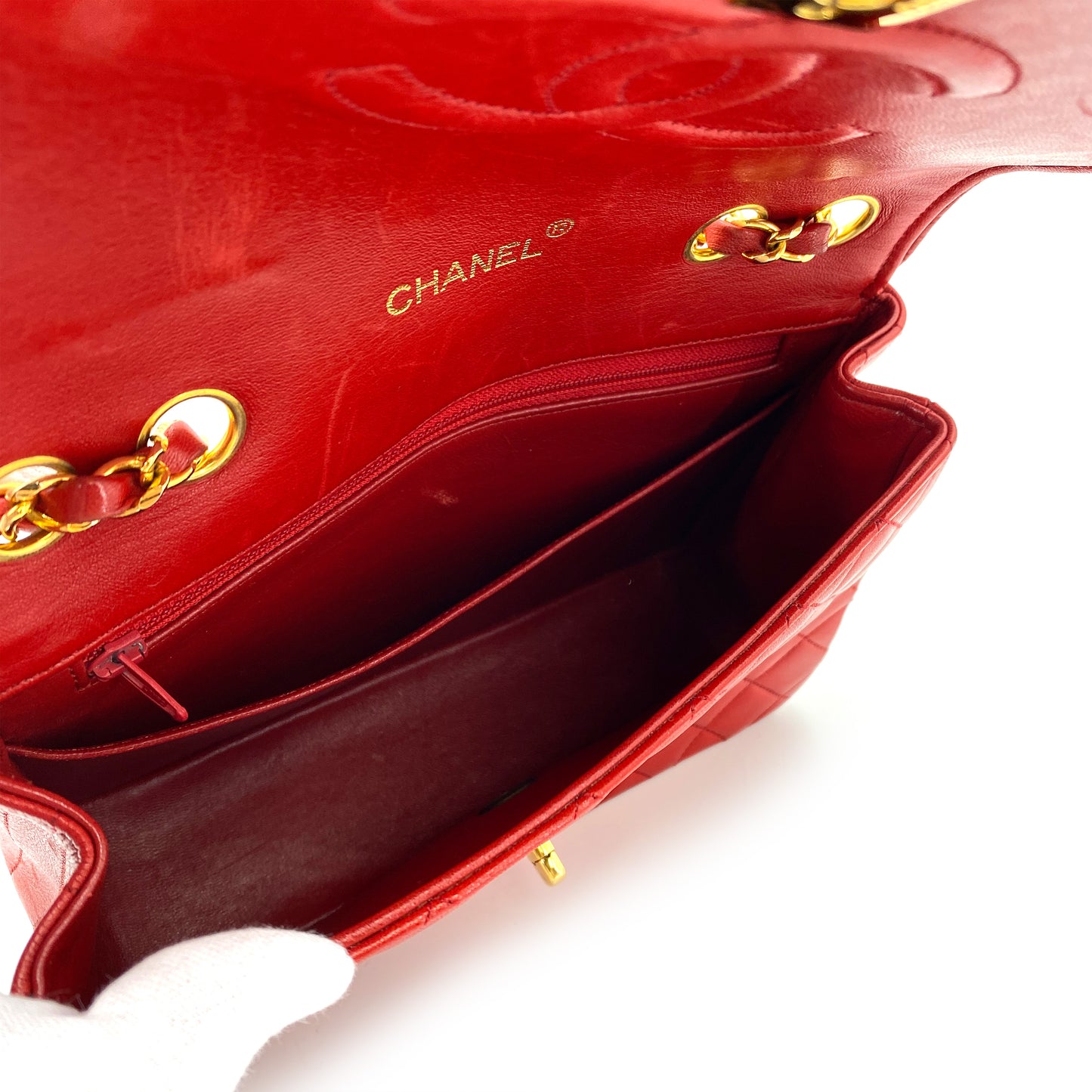 CHANEL VINTAGE HALF MOON CHAIN SHOULDER BAG RED LAMB SKIN 90244754