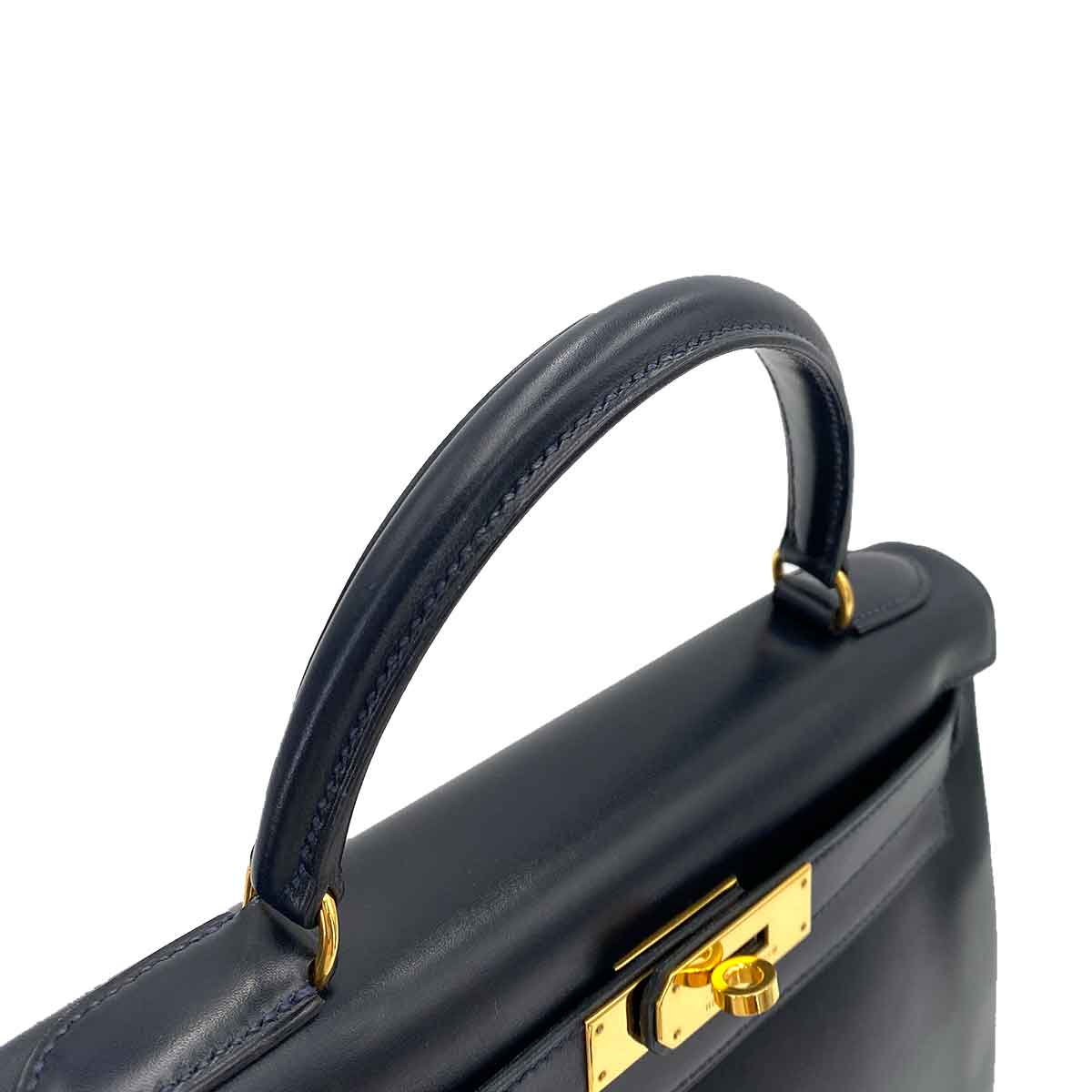 HERMES KELLY 28 RETOURNE BLUE INDIGO BOXCALF HAND SHOULDER BAG 〇W 90244759