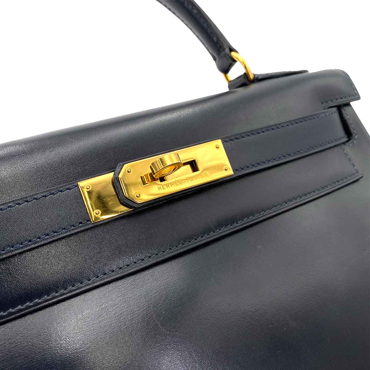 HERMES KELLY 28 RETOURNE BLUE INDIGO BOXCALF HAND SHOULDER BAG 〇W 90244759